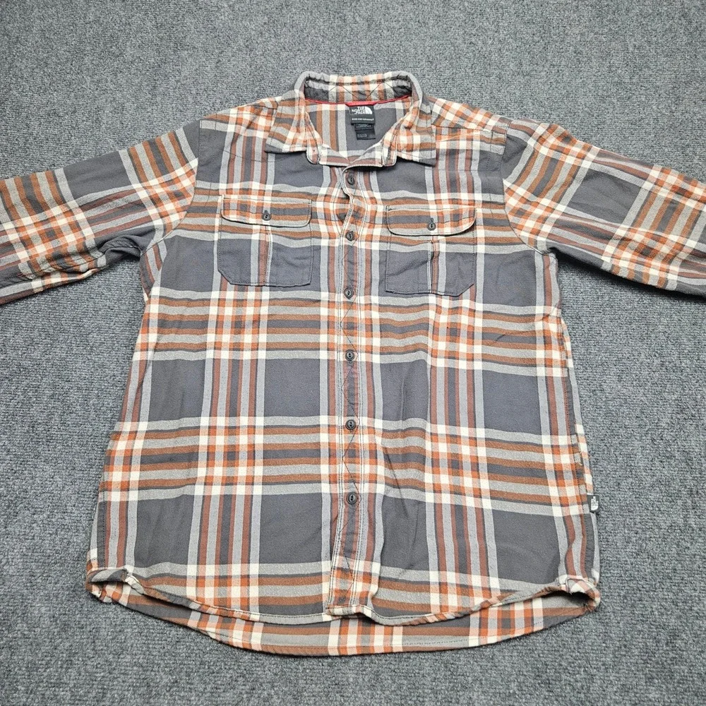 North Face Mens L Plaid Flannel Long Sleeve Button Up Shirt Gray Orange Gorpcore